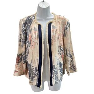 Chicos Open Front Cardigan Size 2 Large Pink Linen Blend Abstract Paisley